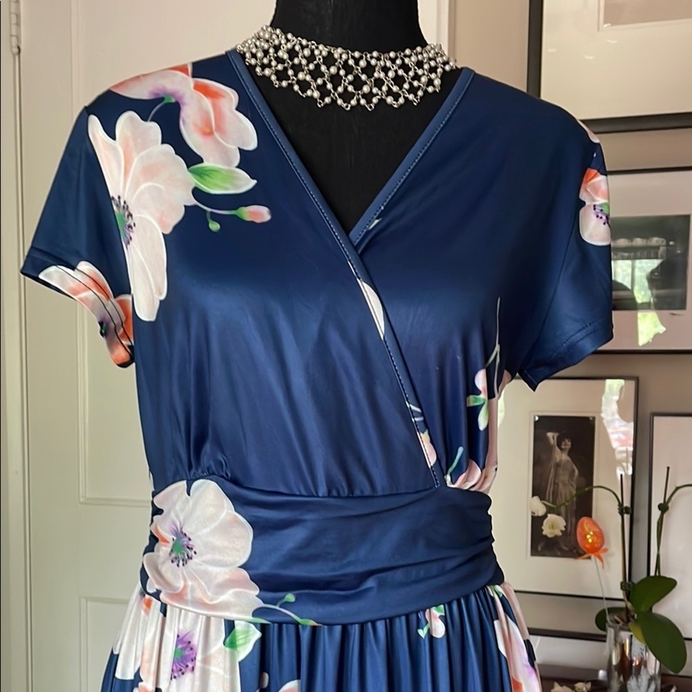 Blue and Pink V-Neck Flutter Sleeve Maxi Dress - Picture 4 of 14
